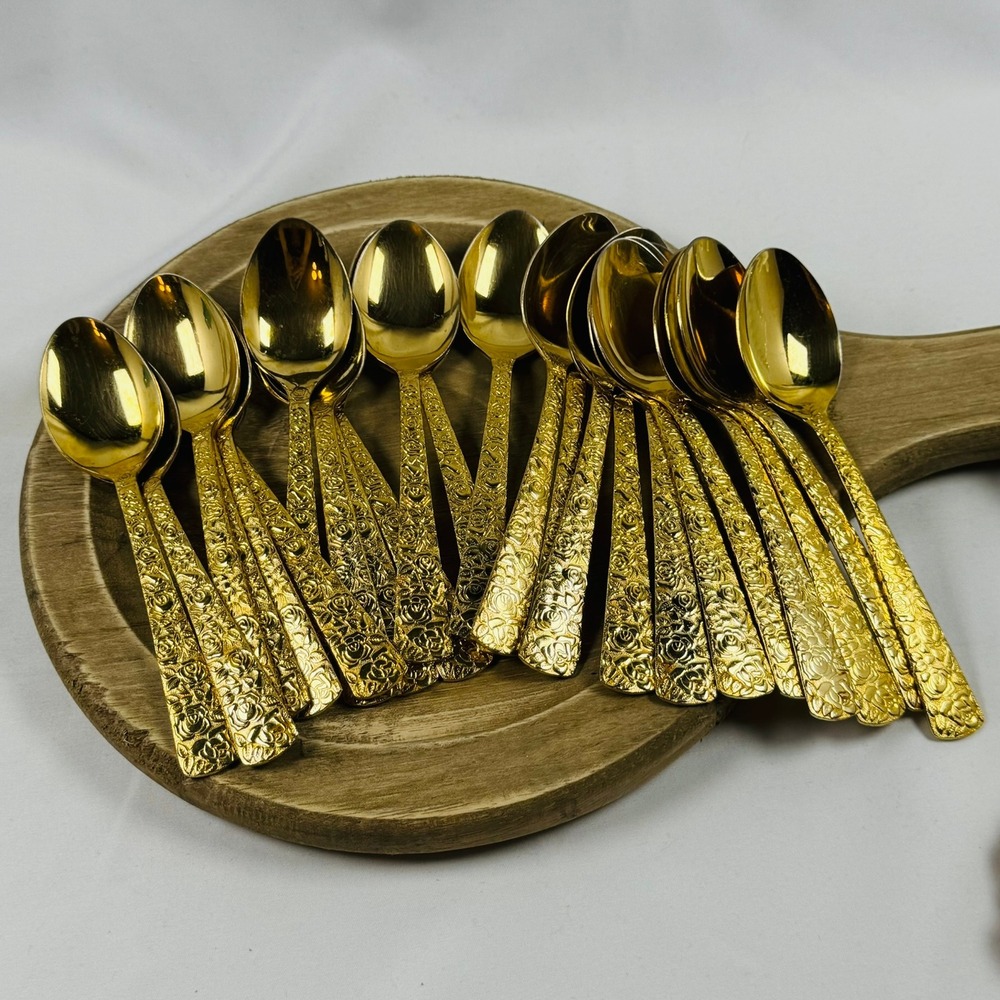 Vintage Cellini Romanesque Golden Japan 24-piece Spoons Roses Design Used READ